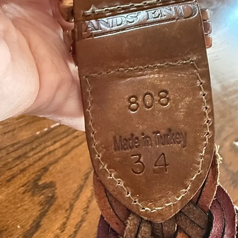 Vintage Lands End Leather Woven Belt Size 34